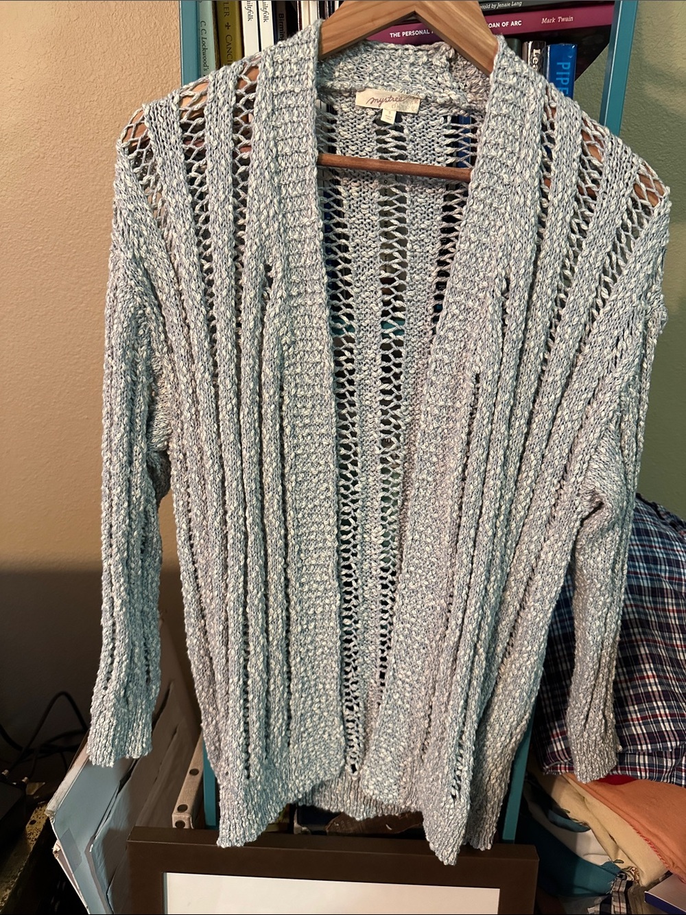 Mystree Open-Weave Lightweight Cardigan in Pale Blue